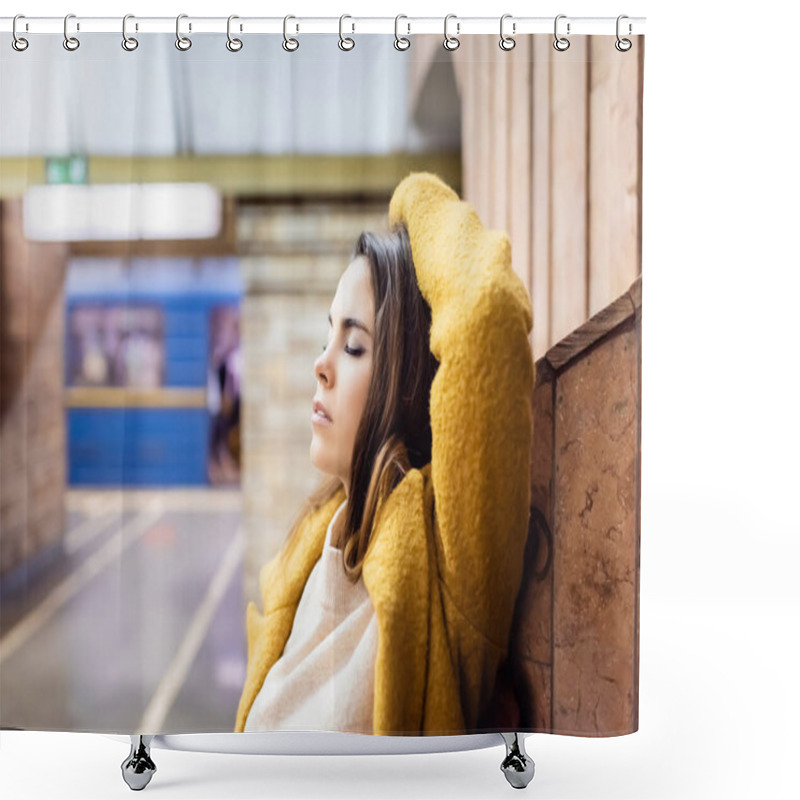 Personality  Young Woman In Autumn Coat Posing With Closed Eyes At Subway Station Shower Curtains