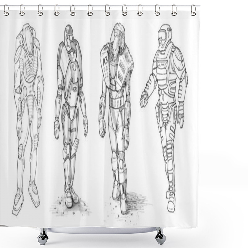 Personality  Set Of Rough Ink Drawings Of Various Characters In Sci-fi Suit Shower Curtains