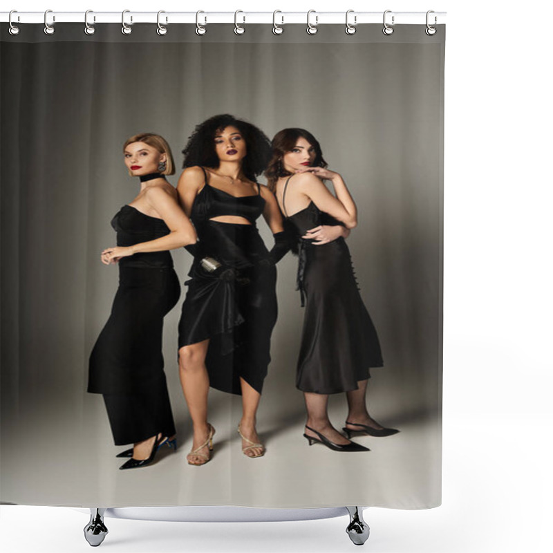 Personality  Three Young, Beautiful Women In Elegant Black Dresses Standing United, Showcasing Female Fashion Diversity. Shower Curtains