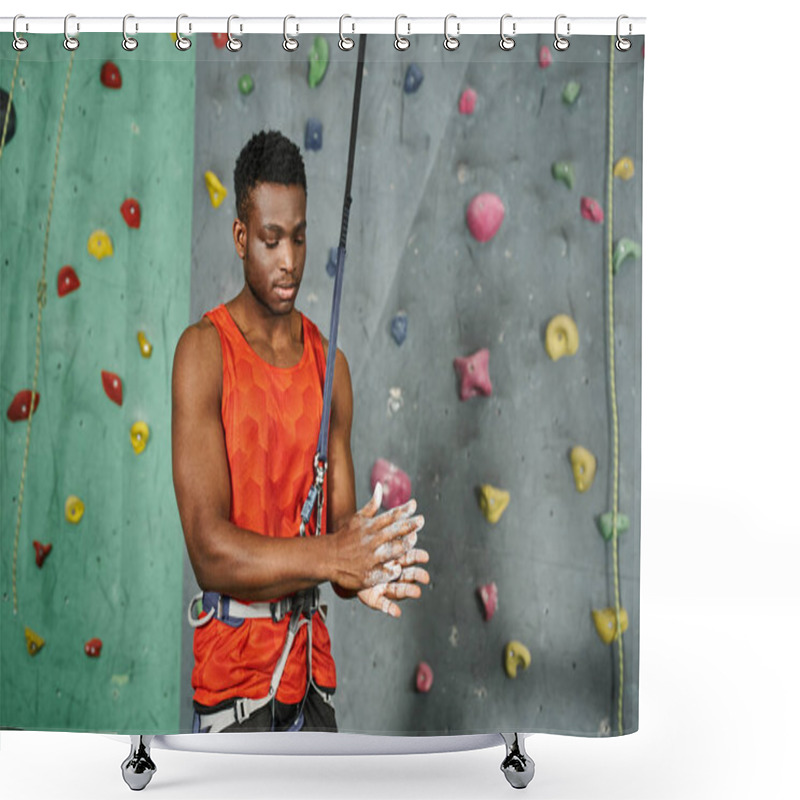 Personality  Young Athletic African American Man In Orange Shirt With Safety Rope Using Talc Powder, Bouldering Shower Curtains