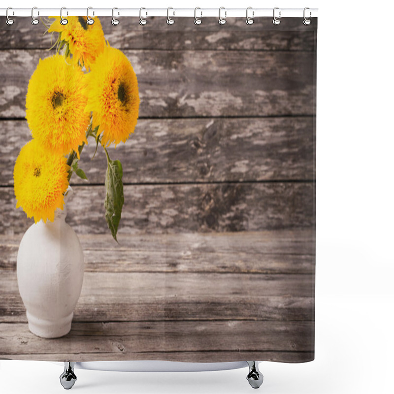 Personality  Still Life With Sunflowers On Wooden Background Shower Curtains