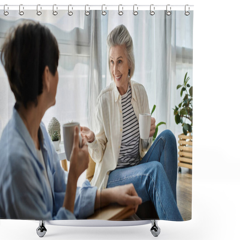 Personality  Two Senior Women Enjoying A Conversation On A Sofa With Coffee. Shower Curtains