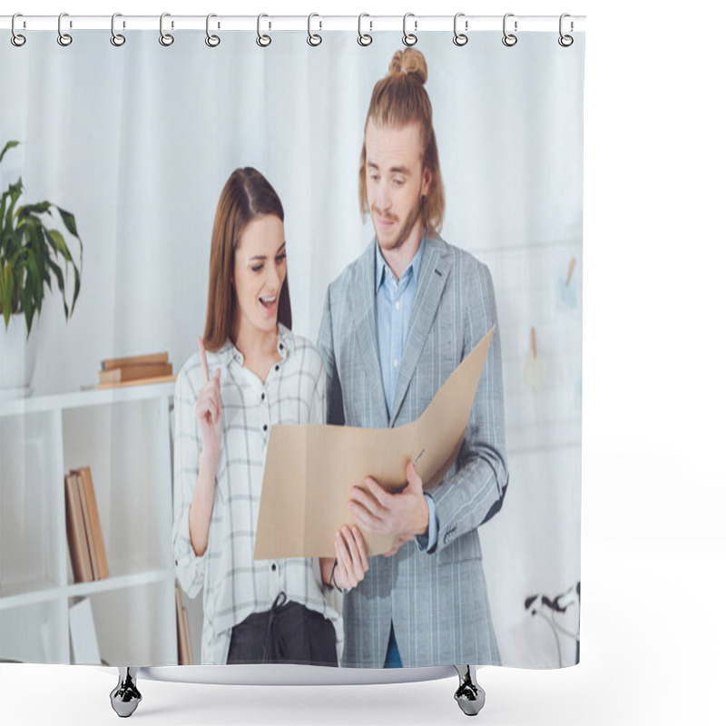 Personality  Businesswoman Showing Idea Gesture When Looking At Documents In Folder Shower Curtains