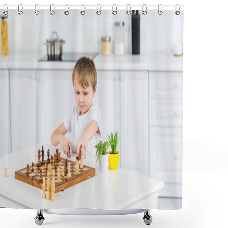 Personality  Adorable Preschooler Boy Sitting At Table And Playing Chess At Home Shower Curtains