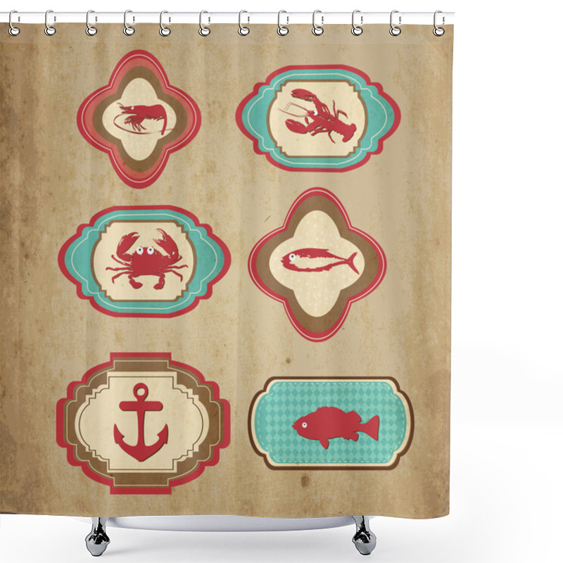 Personality  Sea Retro Icons. Vector Shower Curtains