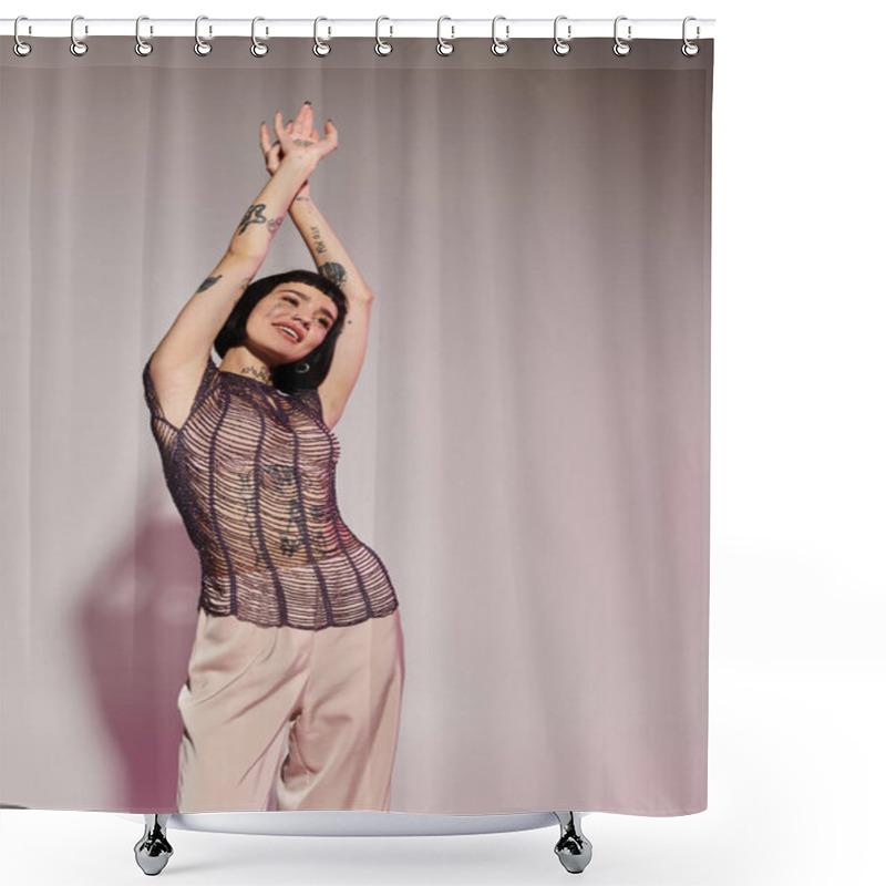 Personality  Woman Poses Playfully, Showcasing Her Unique Style And Artistic Tattoos. Shower Curtains