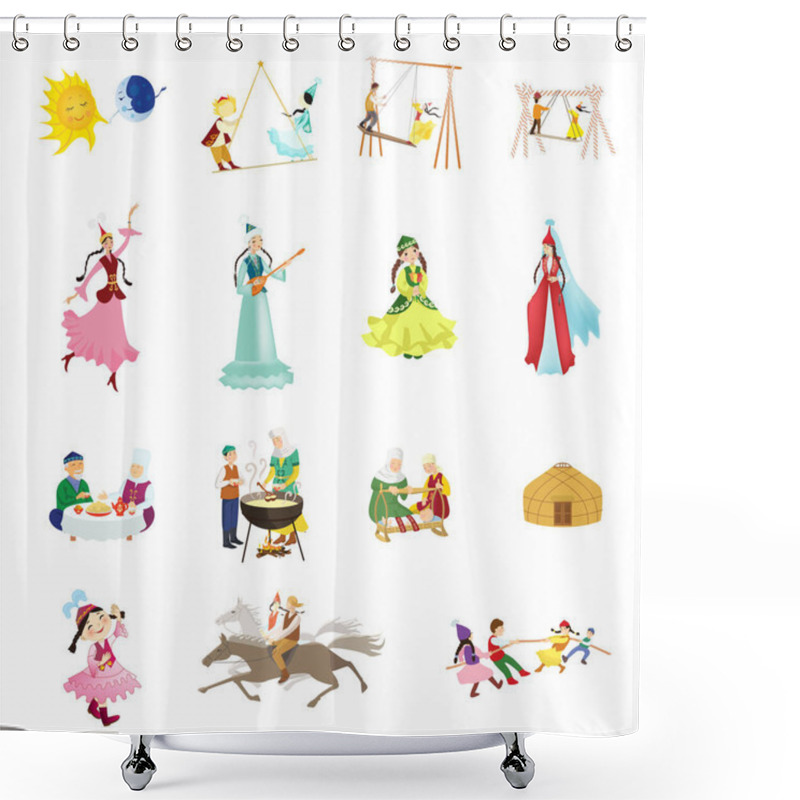 Personality  Set Of Vector Illustrations In Cartoon Style Of Nomads Of Central Asia And Kazakhstan. People In National Costumes On A Holiday And In Everyday Life. Vector. Shower Curtains