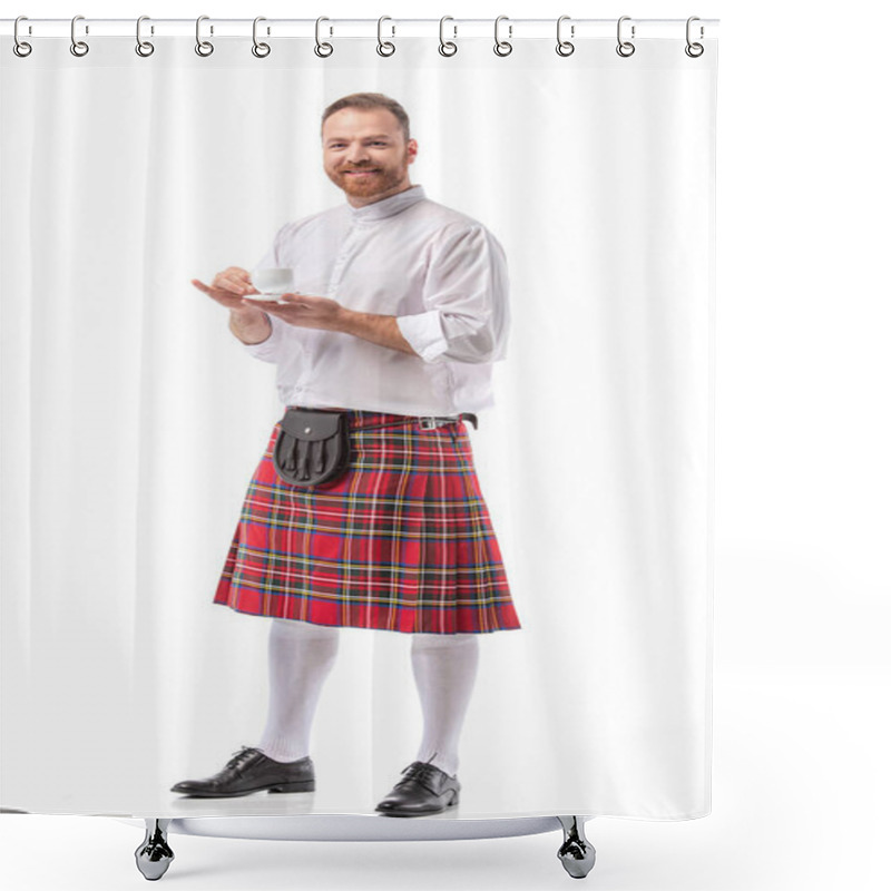 Personality  Smiling Scottish Redhead Man In Red Kilt Drinking Coffee On White Background Shower Curtains