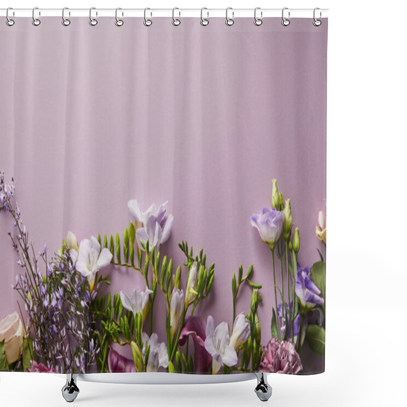 Personality  Top View Of Beautiful Flowers On Violet Background With Copy Space Shower Curtains