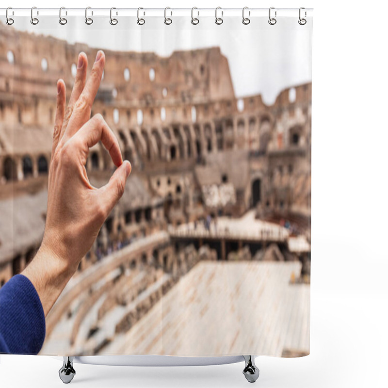 Personality  ROME, ITALY - JUNE 28, 2019: Cropped View Of Man Showing Okay Sign In Front Of Colosseum Shower Curtains