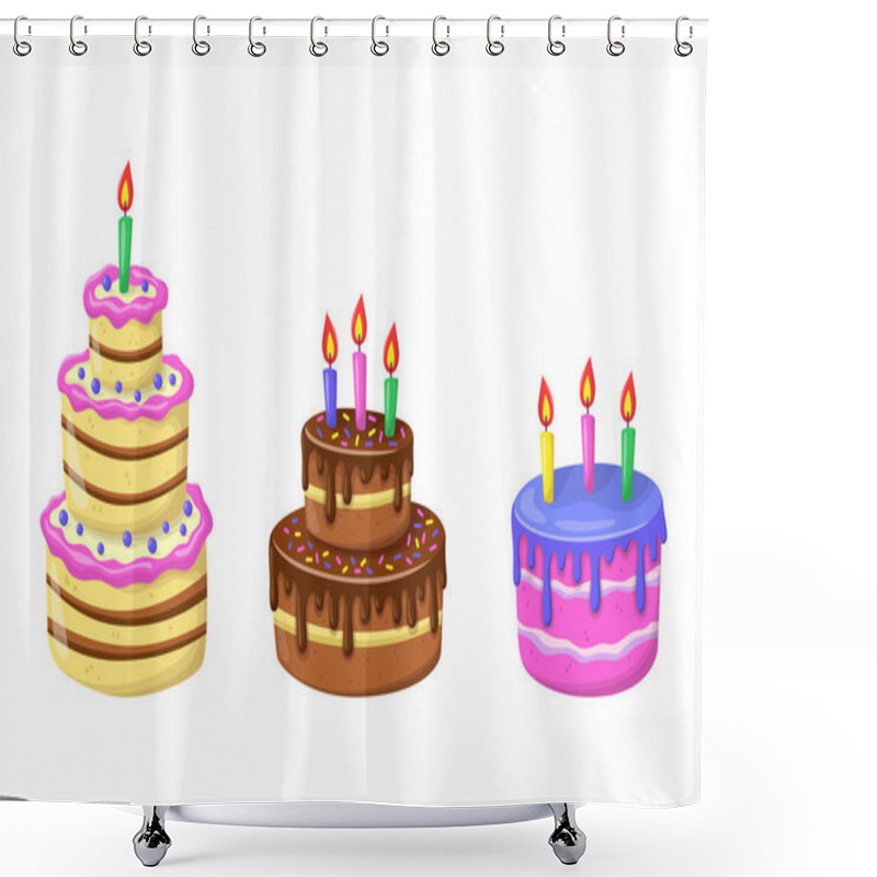 Personality  Cake With Candle, Popper Serpentine, Stars. Birthday Chocolate Dessert. Celebration Pie With Sprinkles And Icing In Plastic Style. Vector Illustration In Red Color On Pink Background. Shower Curtains