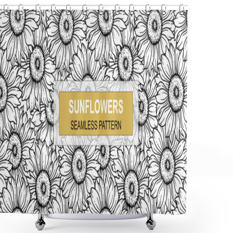 Personality  Sunflower Seamless Pattern. Floral Seamless Background. Line Art Flower Seamless Patterns With Greenery. Outline Seamless Floral Background. Line Drawing Floral Backgroun Shower Curtains