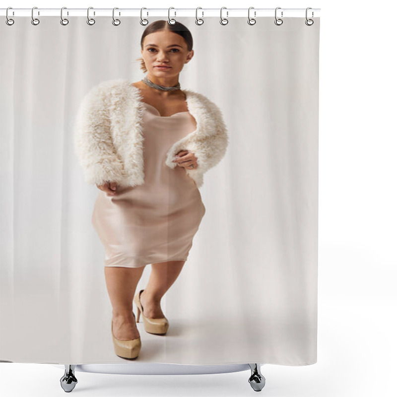 Personality  Dressed In A Chic Faux Fur Jacket And Satin Dress, The Confident Woman With Achondroplasia Poses Elegantly. Shower Curtains