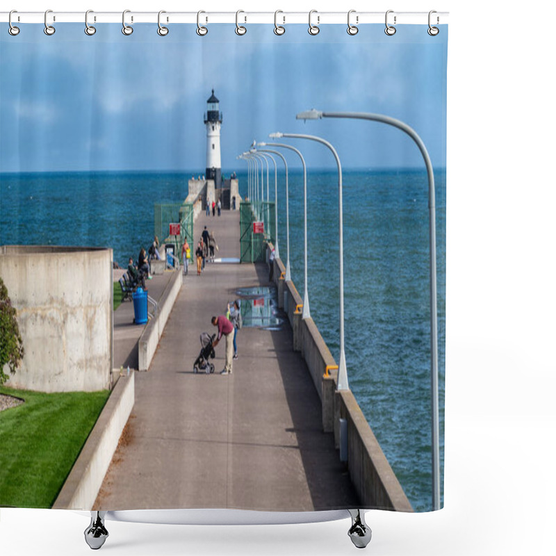 Personality  Duluth, Minnesota - October 6, 2021: Tourists Enjoy A Beautiful Autumn Day By The Canal Park Lighthouse On Lake Superior Shower Curtains