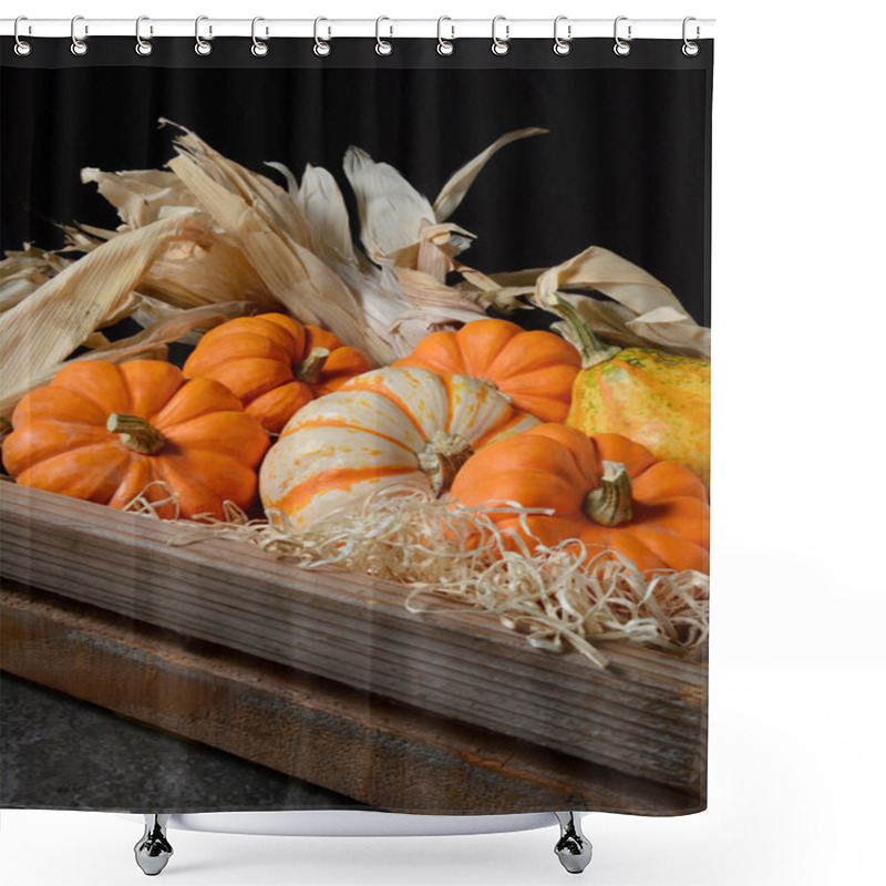 Personality  Decorative Gourds In Wood Crate Shower Curtains