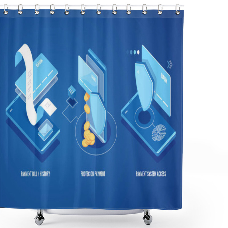 Personality  Electronic Bill, Online Payment Sms Notification, Pay History, Finance Data Protection, Smartphone With Credit Card And Shield Isometric Vector Illustration On Blue Background Shower Curtains