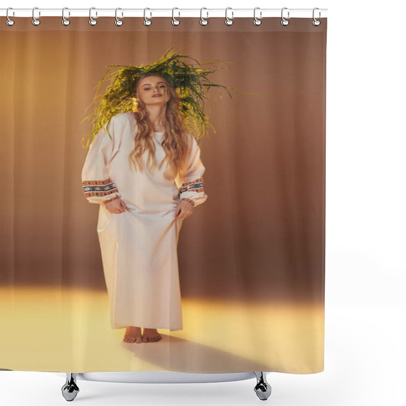 Personality  A Young Woman With Long Hair, Dressed In A Beautiful White Gown, Embodying The Essence Of A Magical Mavka In A Studio Setting. Shower Curtains