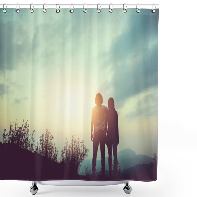 Personality  Natural Background Couples Lovers. The Sun Rises In The Morning On The Mountain. Thailand Doi Inthanon, Couples Who Are Standing Watching The Mountain View. Shower Curtains