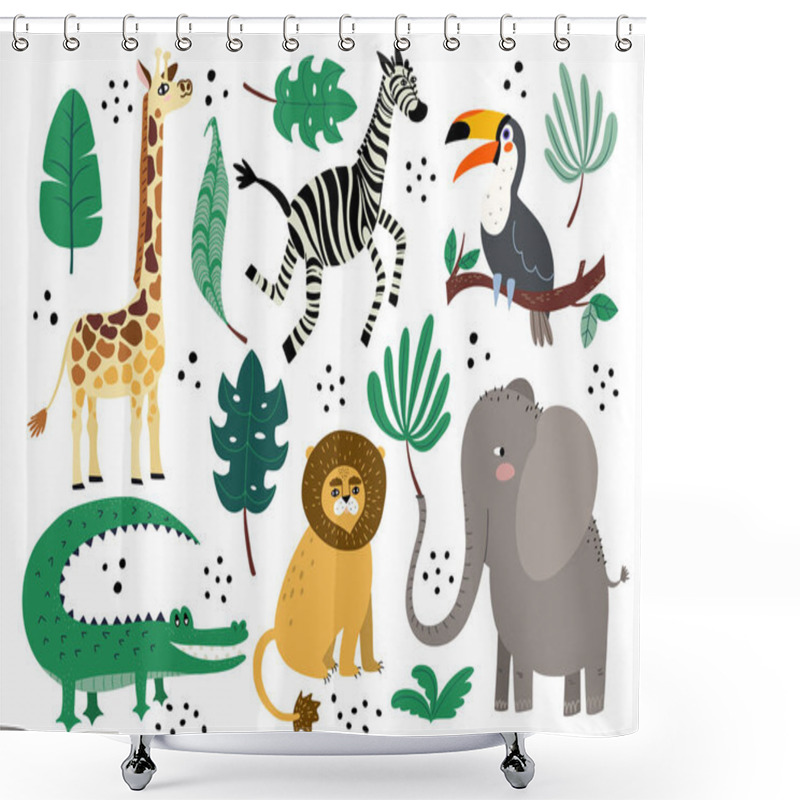 Personality  Cute African Animals With Palm Leaves Vector Set In Flat Doodle Style Shower Curtains