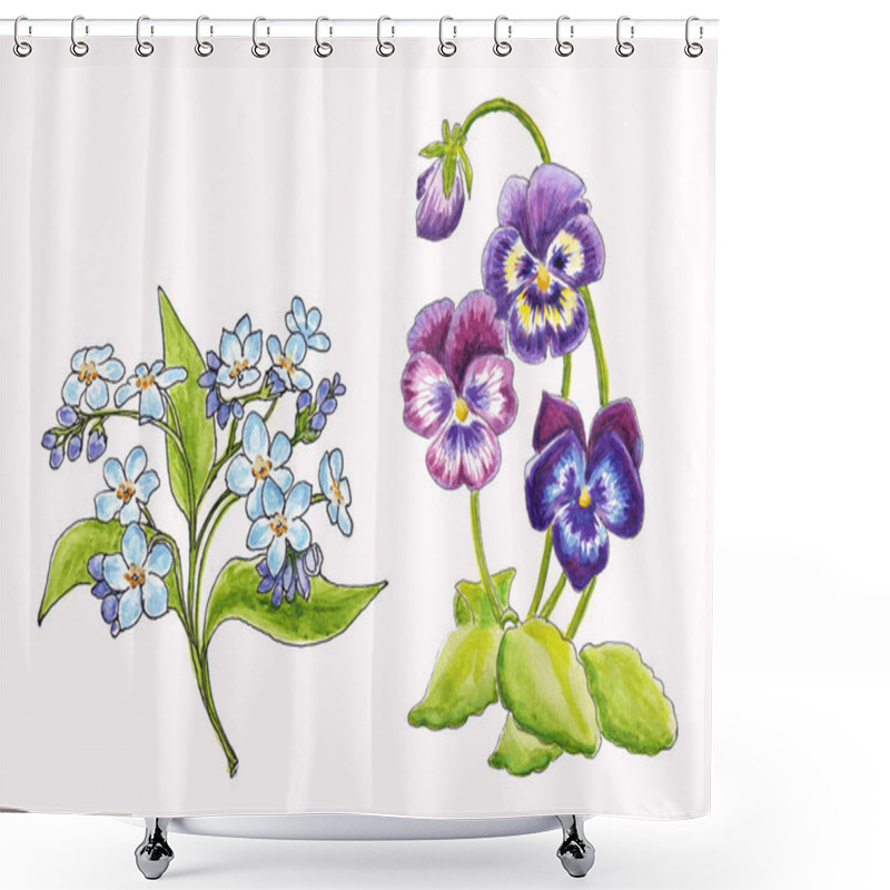 Personality  Watercolor Illustration Of A Set Of Pansies And Forget-me-not Flowers Isolated On White Background Shower Curtains