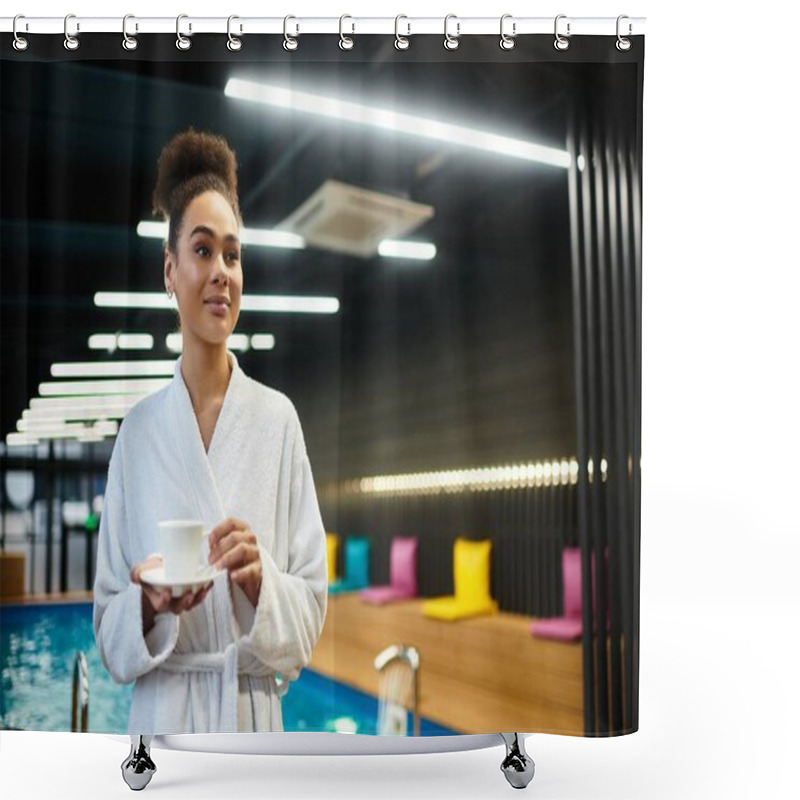 Personality  A Beautiful Young Woman In A Robe Holds A Cup While Soaking In The Calming Atmosphere Of A Spa. Shower Curtains