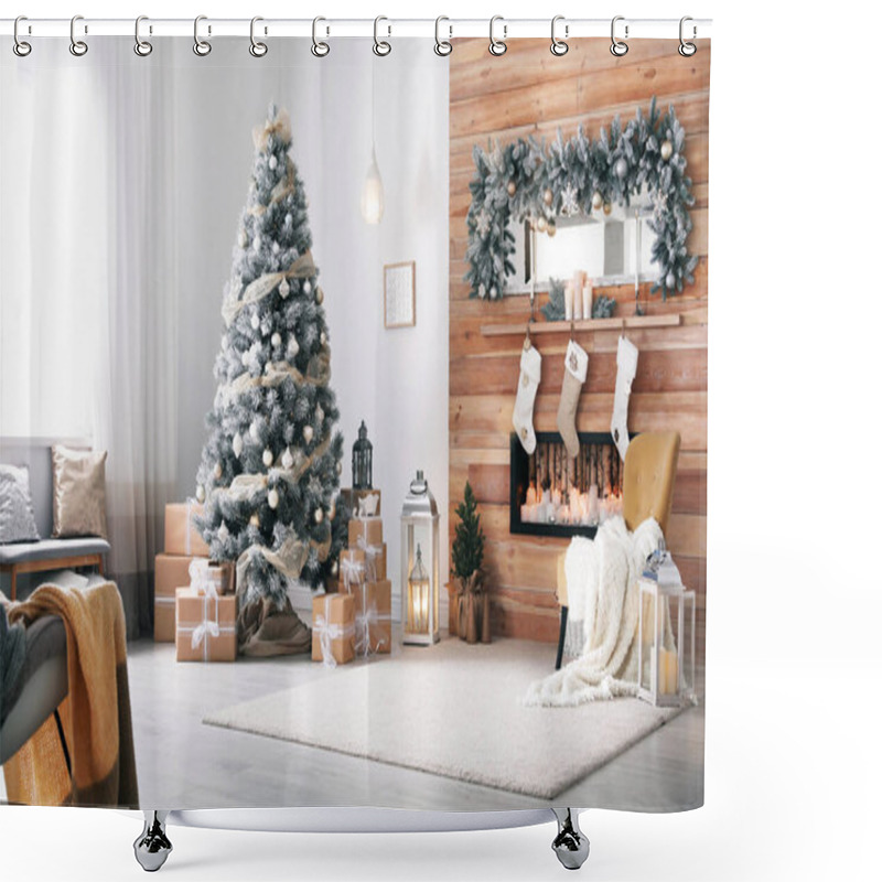 Personality  Festive Interior With Decorated Christmas Tree And Fireplace Shower Curtains