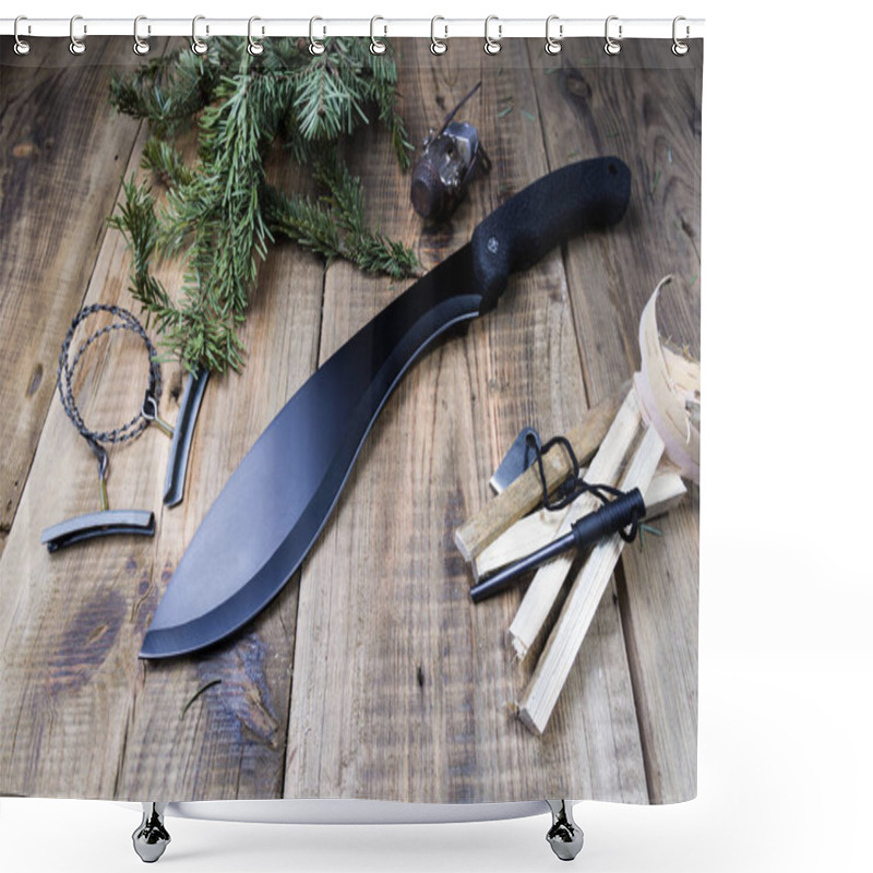 Personality  Tourist Tools For Research And Survival. Saw, Machete And Matches. Shower Curtains