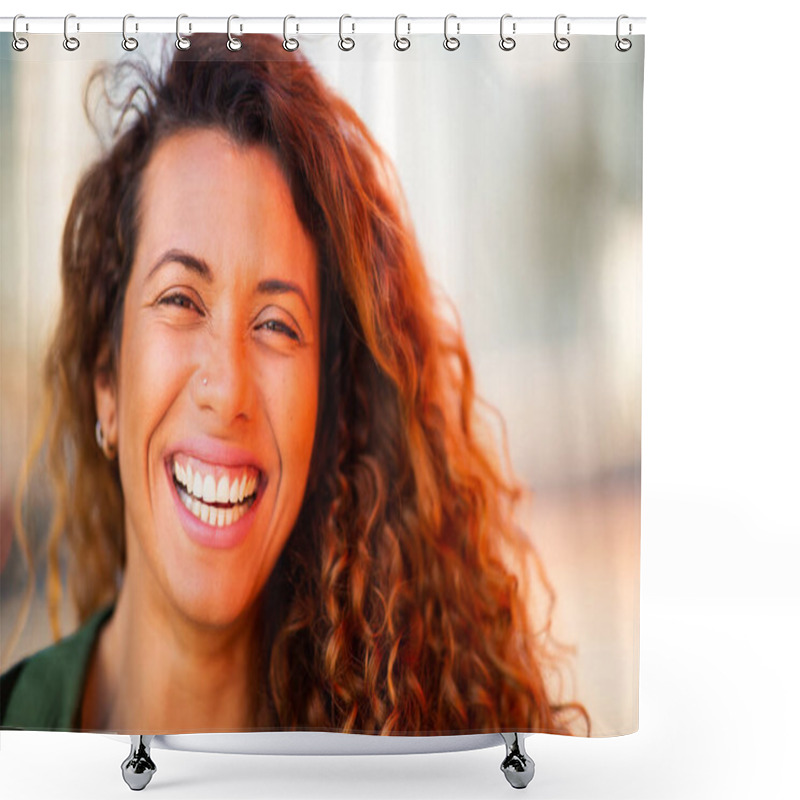 Personality  Close Up Portrait Of Smiling Young Hispanic Woman Looking At Camera And Laughing Outside Shower Curtains