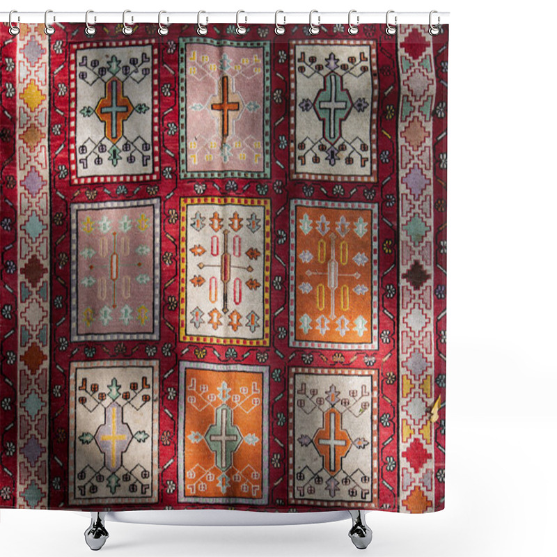 Personality  The Intricately Woven Traditional Rug Features Symmetrical Geometric Patterns In Vibrant, Colorful Tones. The Design Features A Variety Of Symbols Framed By Borders Illuminated By Soft Natural Light. Shower Curtains