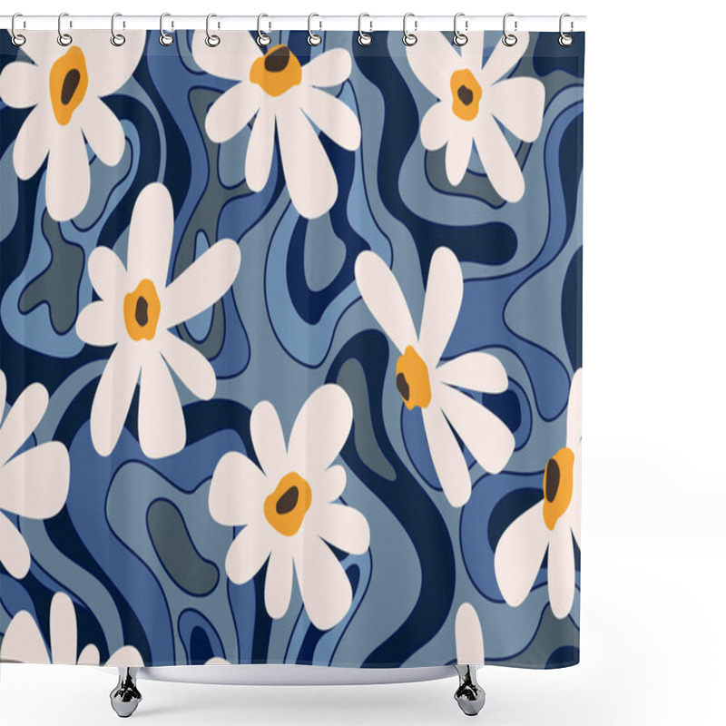 Personality  Large White Blooming Flowers. Wavy Trendy Blue Gray Pattern Texture With Liquid Stains. Creative Background. Decorative Design Of Wavy Optical Illusion Stripes And Floral Background. Shower Curtains