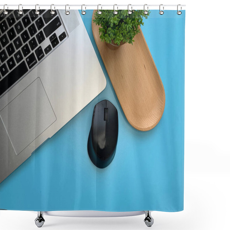 Personality  Blue Desk Home Workspace With Laptop And Mouse. A Workspace On Flat Lay Shower Curtains