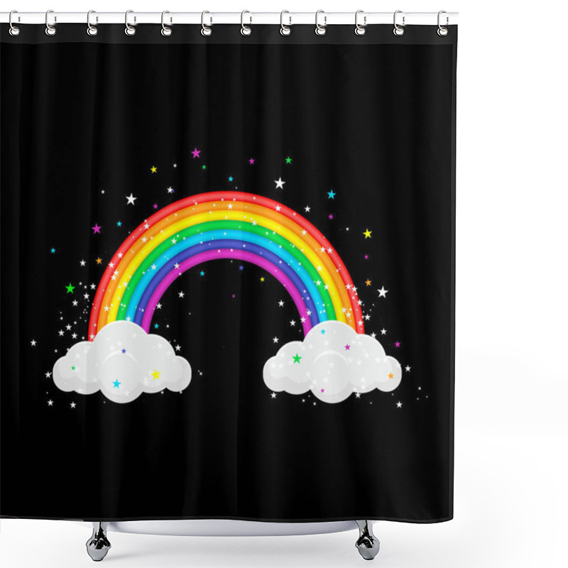 Personality  Rainbow With Stars And Clouds On Black Background. Vector Illustration. Shower Curtains