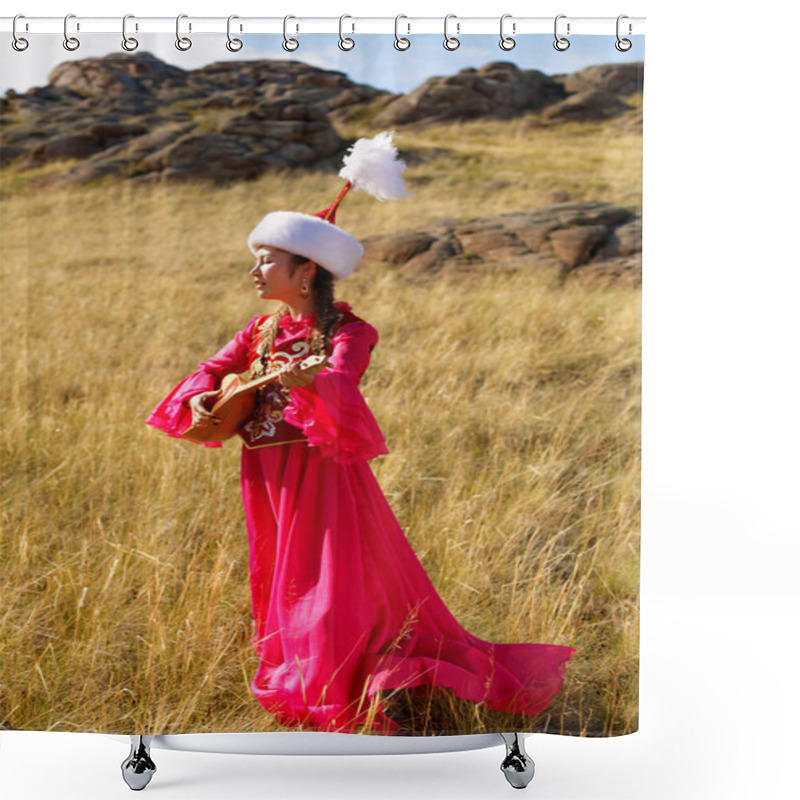 Personality  Beautiful Kazakh Woman In National Costume In The Steppe Dancing With Dombyra Shower Curtains