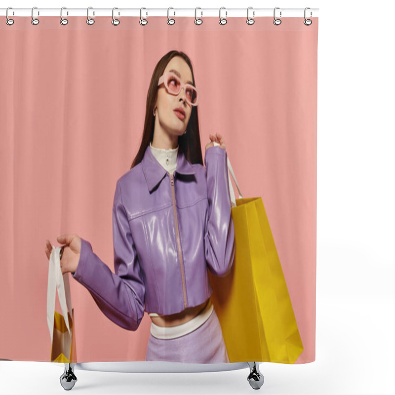 Personality  Trendy Woman Poses Confidently With Shopping Bags Against A Pink Backdrop. Shower Curtains