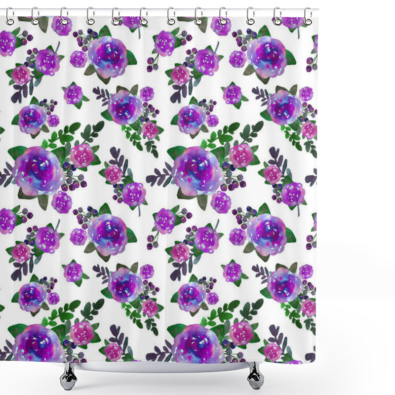 Personality  Romantic Floral Seamless Pattern With Rose Flowers And Leaf. Print For Textile Wallpaper Endless. Hand-drawn Watercolor Elements. Beauty Bouquets. Pink, Violet . Green On White Background. Shower Curtains