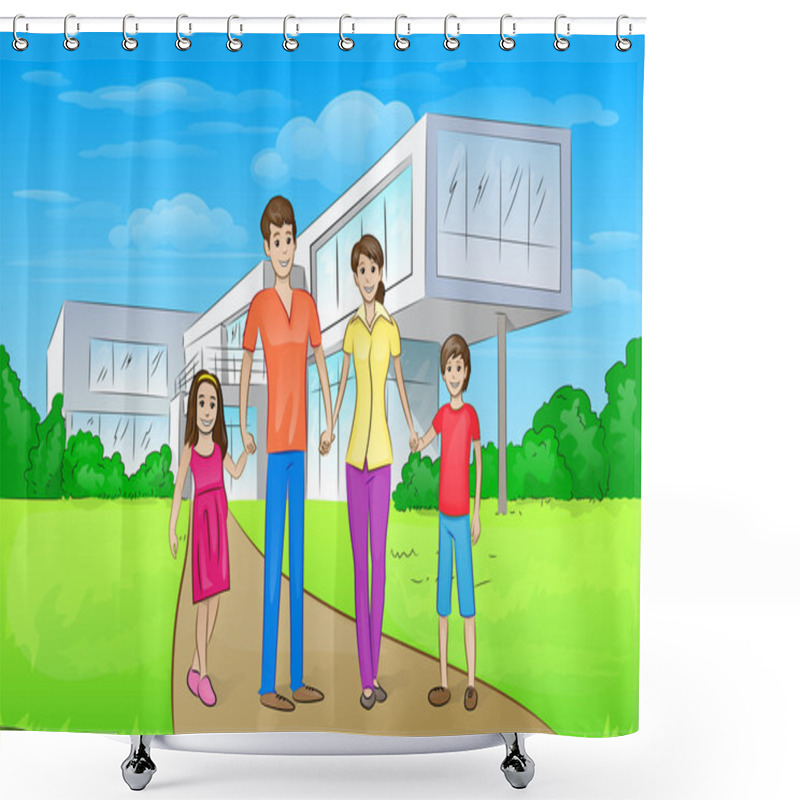 Personality  Family Standing Near  House Shower Curtains