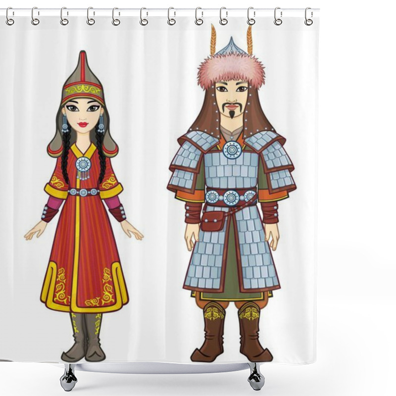 Personality  Animation  Portrait Of  Asian Family In A National Hat And Clothes. Man Warrior And Amazon Woman. Full Growth. Central Asia. Vector Illustration Isolated On A White Background. Shower Curtains