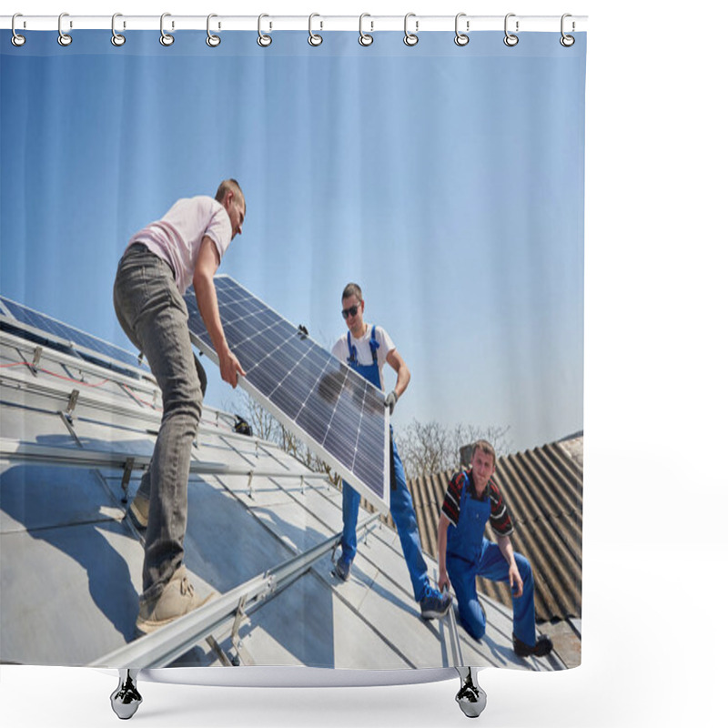 Personality  Electricians Lifting Blue Solar Module On Roof Of Modern House Shower Curtains