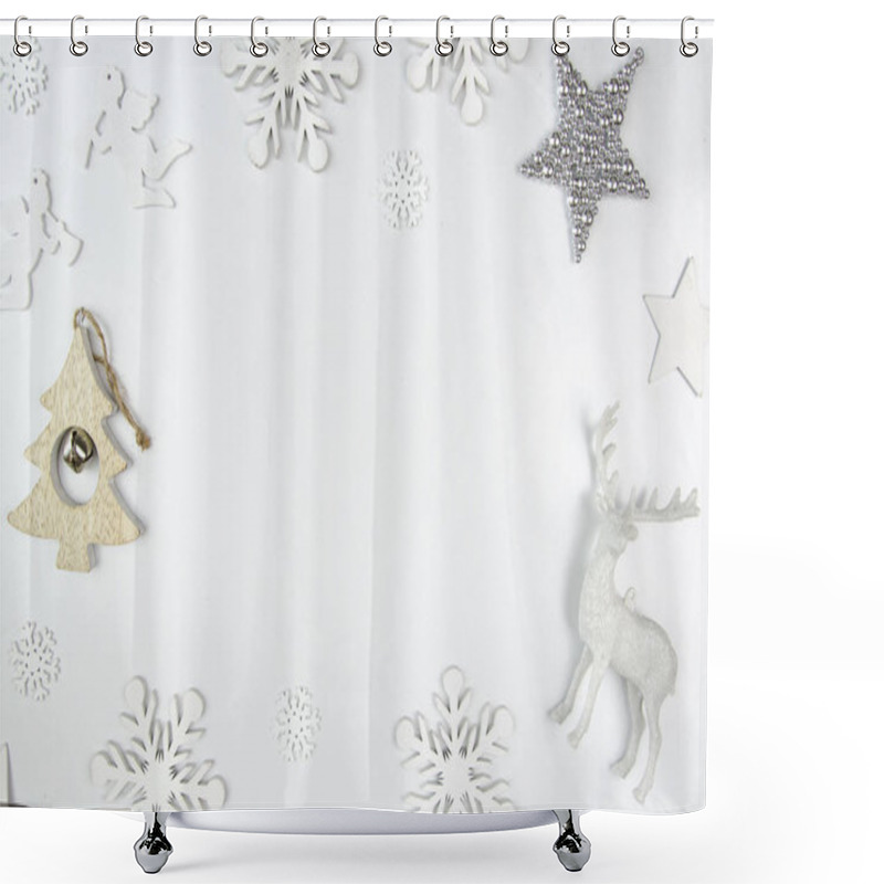 Personality  Merry Christmas Frame Mockup. Christmas Deer, Silver Star And Snowflakes. Flatlay Clean Mockup Shower Curtains