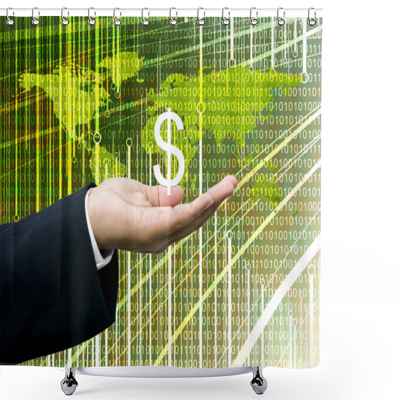 Personality  Businessman's Hand Carry Dollar Icon With Digital Wold Map Background Shower Curtains