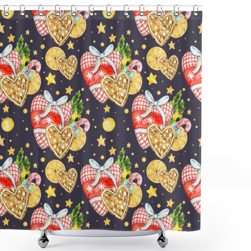 Personality  Watercolor Christmas Seamless Pattern With Dark Background. Christmas Red And Yellow Decorations: Stars, Candy Cane, Rag Heart, Dried Orange. New Year Watercolor Background. Perfect For Textile, Gift Paper, Scrapbooking Paper, Christmas Decorations Shower Curtains