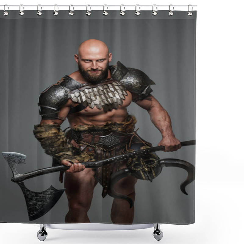 Personality  A Bald Bearded Viking In Lightweight Fur-lined Armor Holding A Large Two-handed Axe Stands Against A Gray Background Shower Curtains