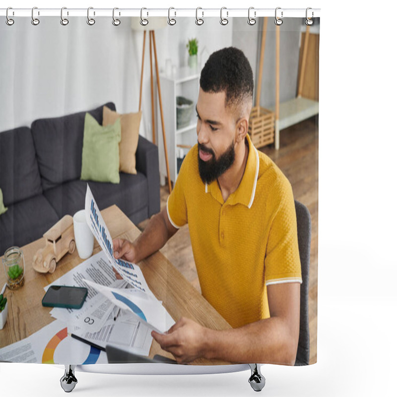 Personality  A Stylish Man Studies Reports While Seated At His Dining Table. Shower Curtains