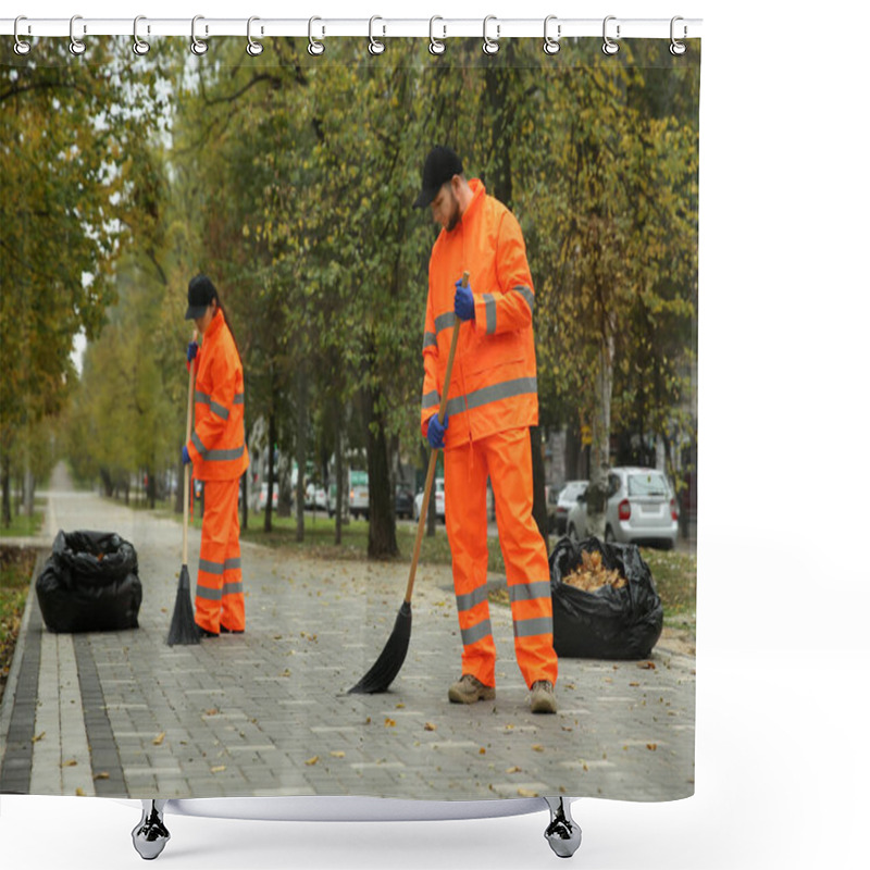 Personality  Street Cleaners Sweeping Fallen Leaves Outdoors On Autumn Day Shower Curtains