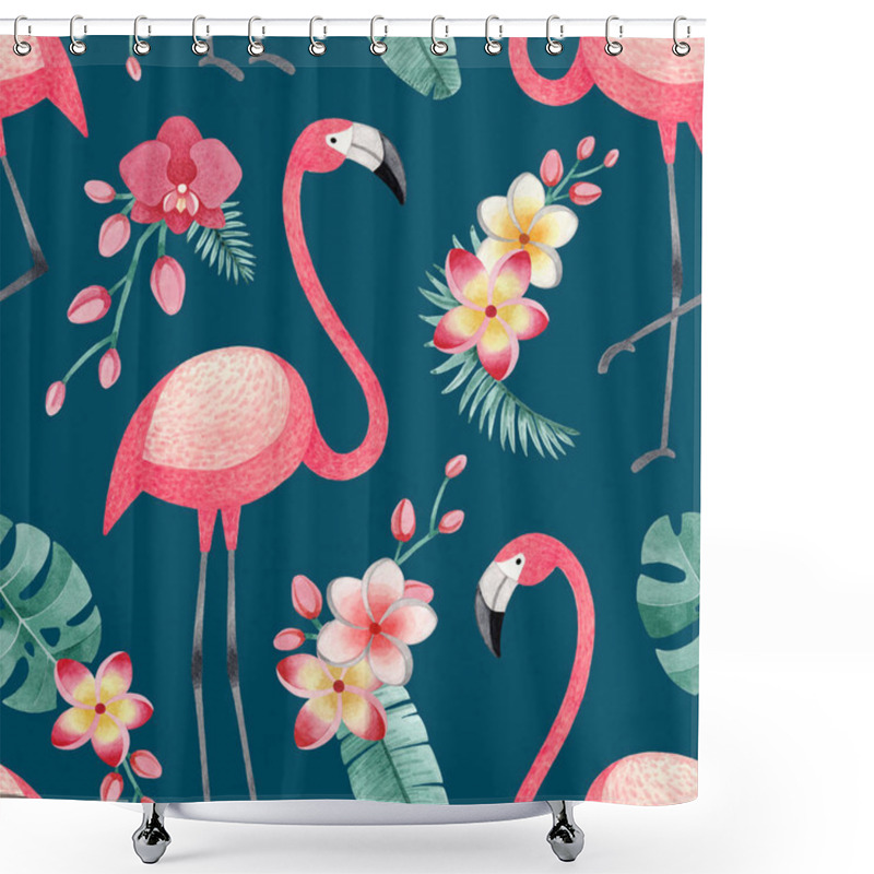 Personality  Watercolor Illustrations Of Flamingos, Tropical Flowers And Leaves. Seamless Tropical Pattern Shower Curtains