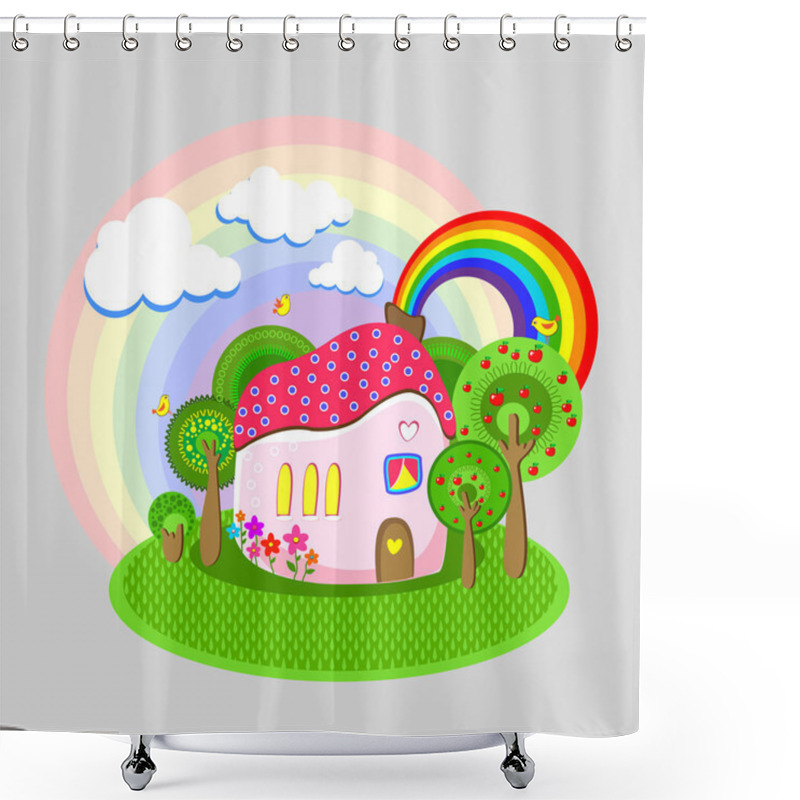 Personality  Vector Illustration Of House With Rainbow. Shower Curtains