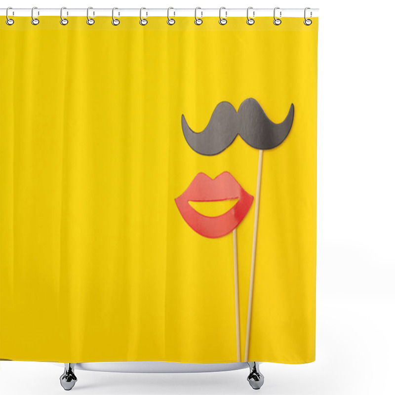 Personality  Moustache And Lips On A Stick On A Bright Yellow Background Shower Curtains