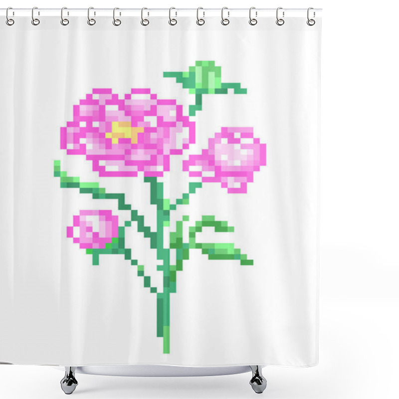 Personality  Bouquet Of Pink Peonies With Buds And Leaves, Pixel Art Illustra Shower Curtains