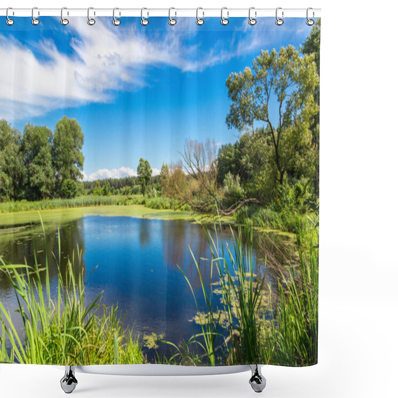 Personality  Panorama Of Summer Morning Lake Shower Curtains