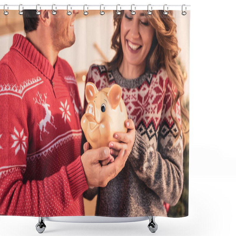 Personality  Happy Couple In Christmas Sweaters Holding Big Piggy Bank  Shower Curtains